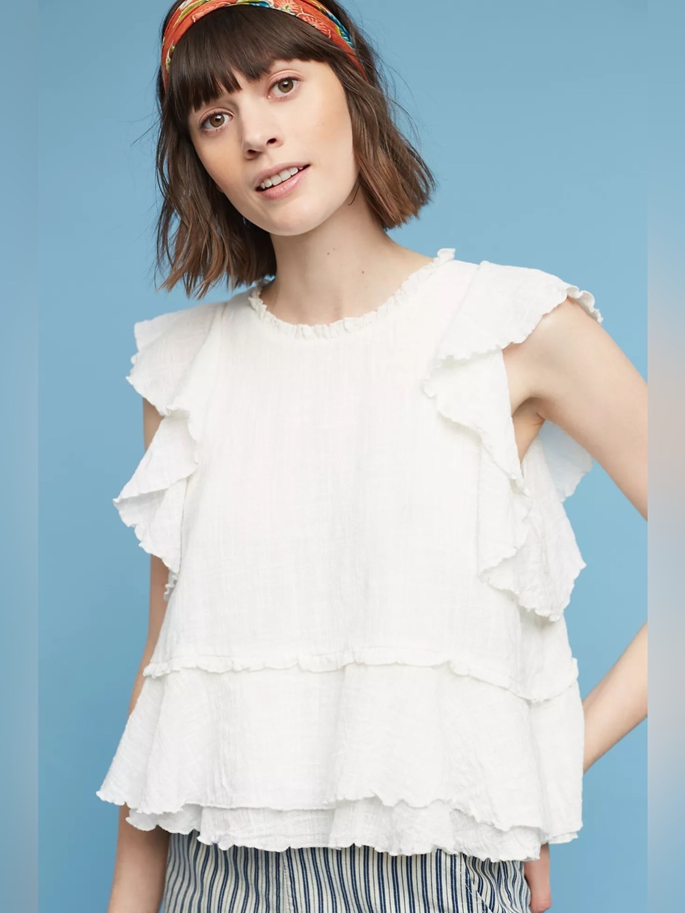 Maeve White Cascade Tiered Shell Ruffled Sleeveless Peplum Top Anthropologie